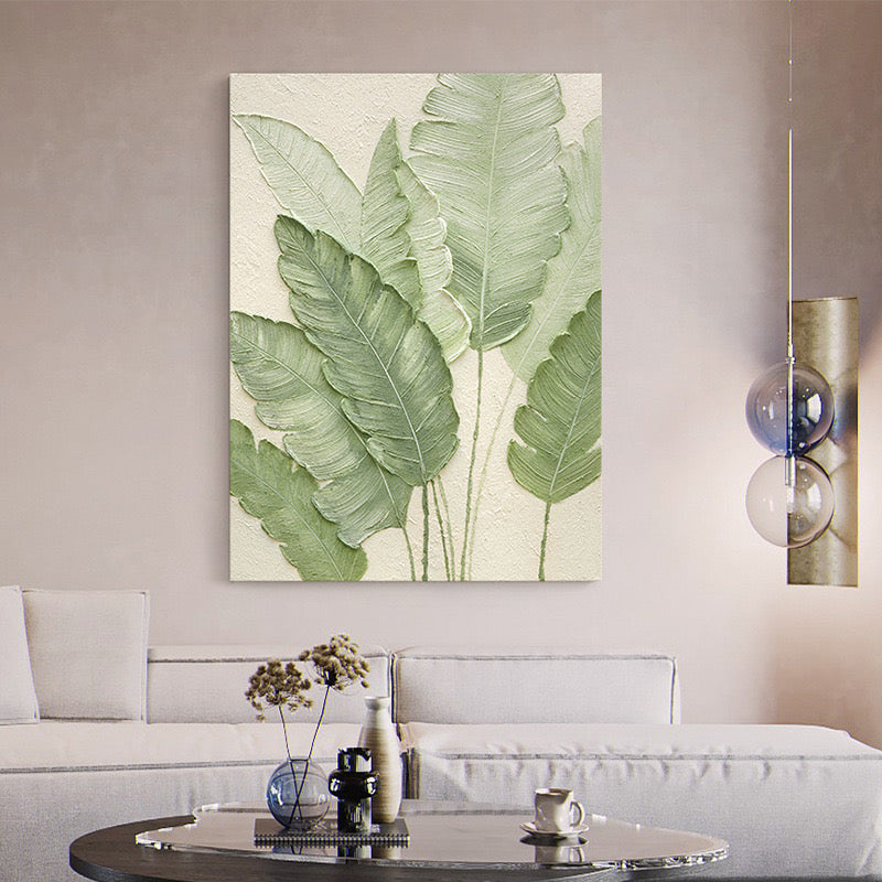 Banana leaf hand-painted texture painting living room sofa, living room texture cream style green plants
