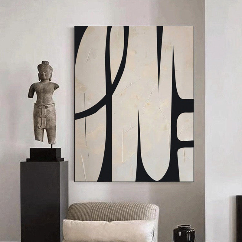 Hand-painted wabi-sabi abstract black and white line art painting show