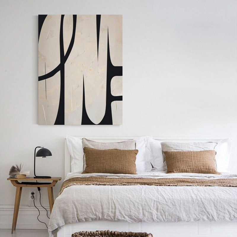 Hand-painted wabi-sabi abstract black and white line art painting, modern light luxury living room sofa decoration painting