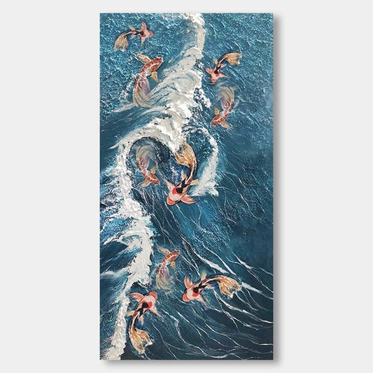 Nine fish texture pure hand-painted decorative painting Surging - Carp eager to swim and waves