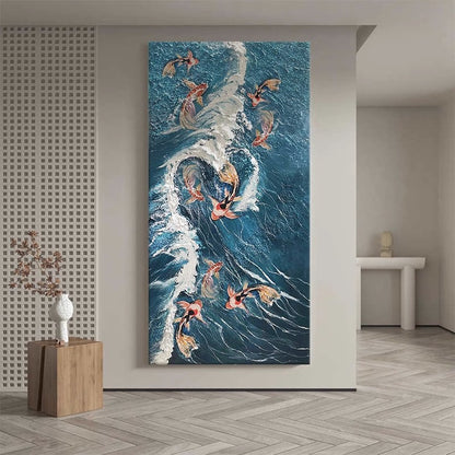 Nine fish texture pure hand-painted decorative painting, entrance and living room hanging painting, wave decorative painting
