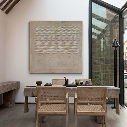 Wabi sabi art painting on tea table background in reception room