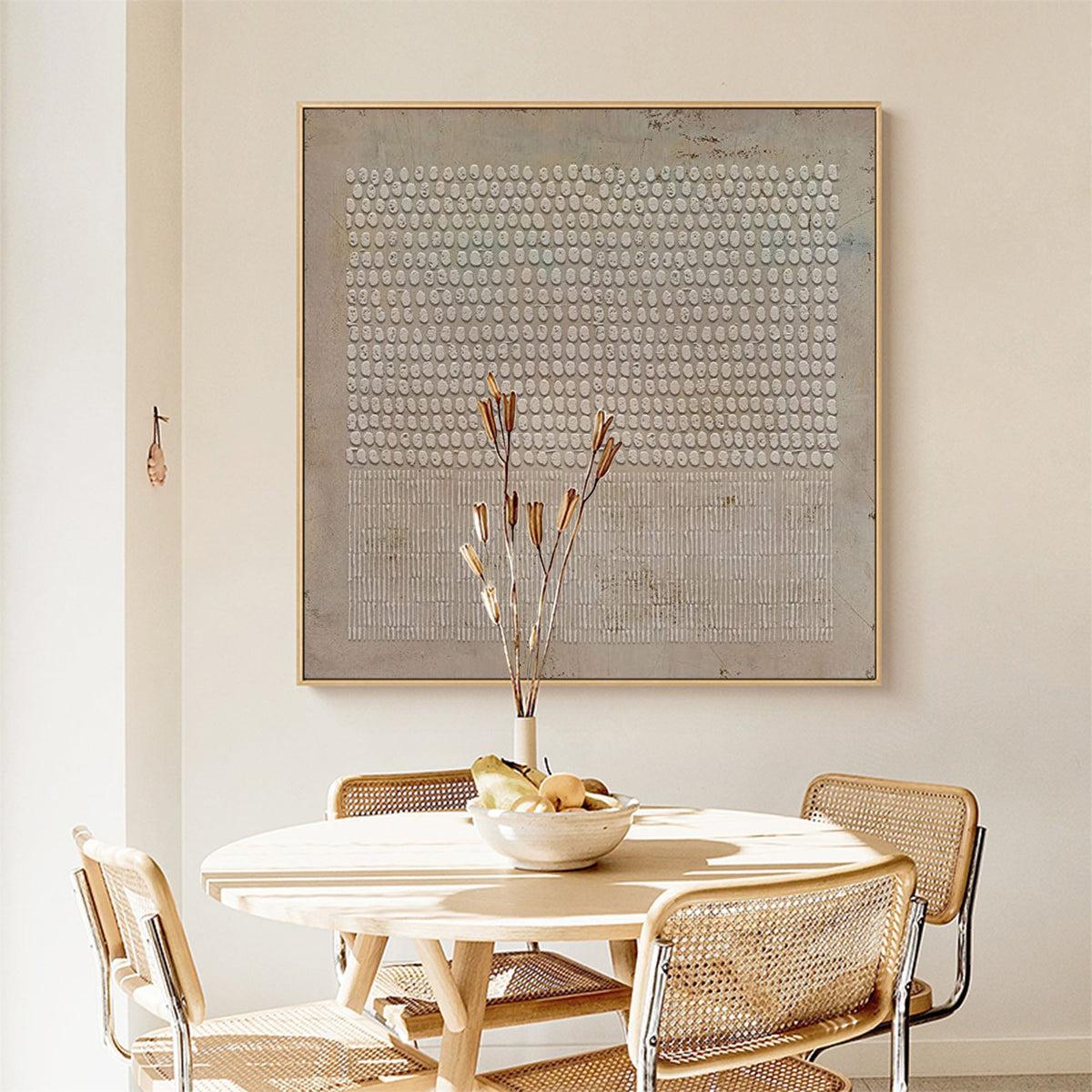 Wabi sabi art painting on living room table background