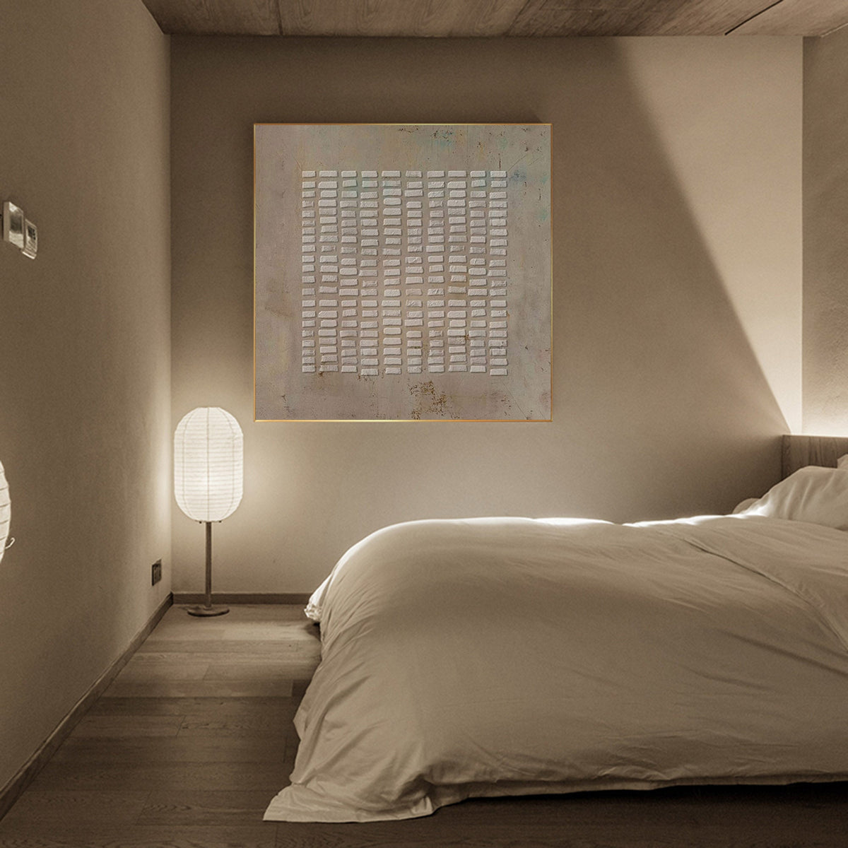 Wabi-sabi art painting on bedroom wall