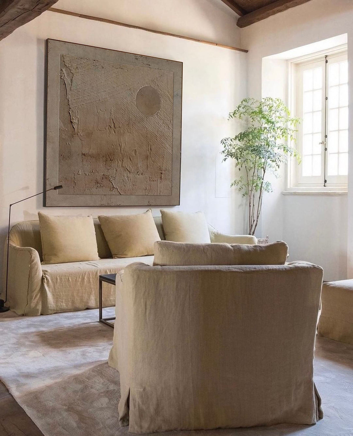 Wabi-sabi art painting on the sofa background wall