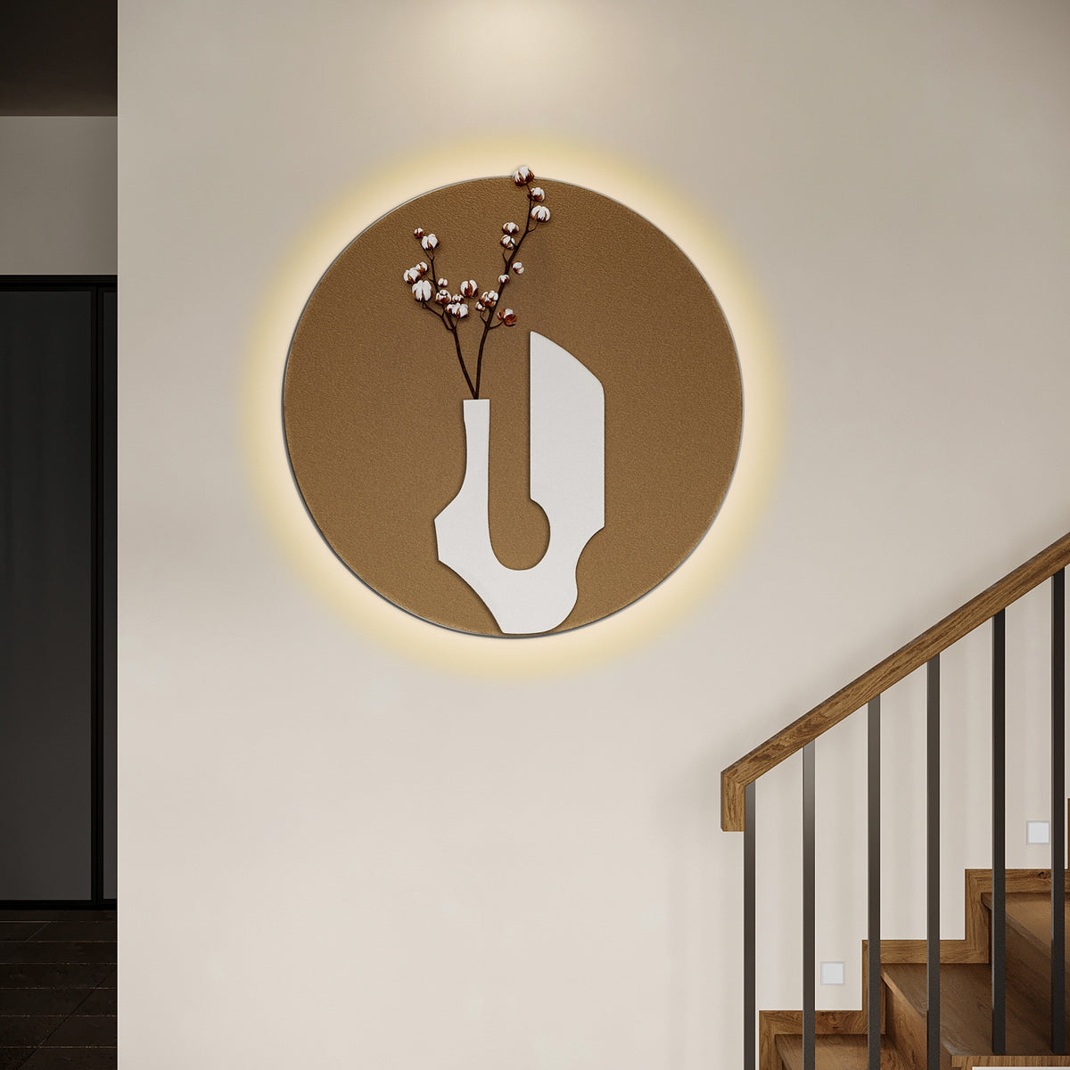 Abstract murals in aisle corridors, circular relief illustrations and hanging paintings.