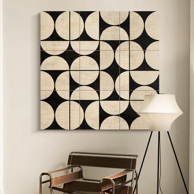 Wabi-sabi style mural on the background wall behind the chairs and lamp in the living room WS0013