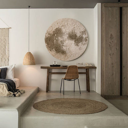 Warm Moon - Full and Bright Art Painting Textured entrance decorative painting  round moon mural, modern entrance corridor sandstone texture wabi-sabi style hanging painting